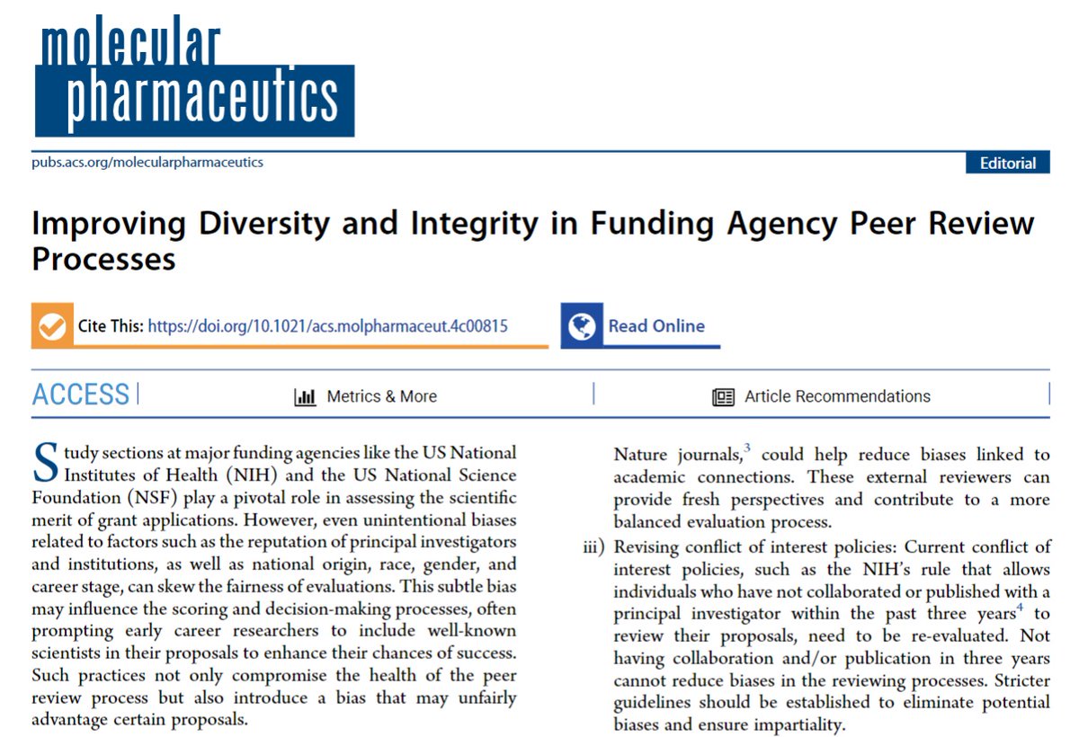 Morteza Mahmoudi, PhD (@morimahmoudi) on Twitter photo The peer review processes at major funding agencies such as <a href="/NIH/">NIH</a> and <a href="/NSF/">U.S. National Science Foundation</a> are critical for evaluating #grant applications but are prone to biases related to PI reputation, national origin, #race, #gender, and #career #stage. This can unfairly disadvantage early-career researchers The peer review processes at major funding agencies such as <a href="/NIH/">NIH</a> and <a href="/NSF/">U.S. National Science Foundation</a> are critical for evaluating #grant applications but are prone to biases related to PI reputation, national origin, #race, #gender, and #career #stage. This can unfairly disadvantage early-career researchers