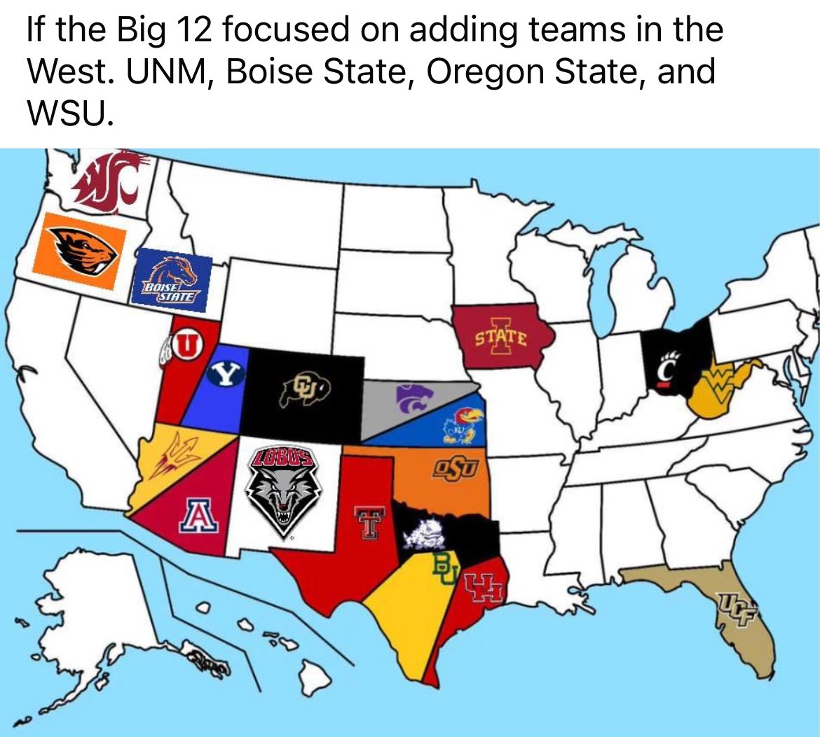 ZWOOKIEZyoutube's tweet photo. Yes, impossible but, It’s a pretty map. I want WSU and Oregon State. Boise State and New Mexico can’t work but I love seeing this map and how those two school bridge them all together. #Wazzu #Pac2 #Power3 #UCF #Texas #AAC #Big12 #BYU #Baylor #Texas #ISU #Kansas #WV #Utah #UNLV https://t.co/ArbfXpefc0