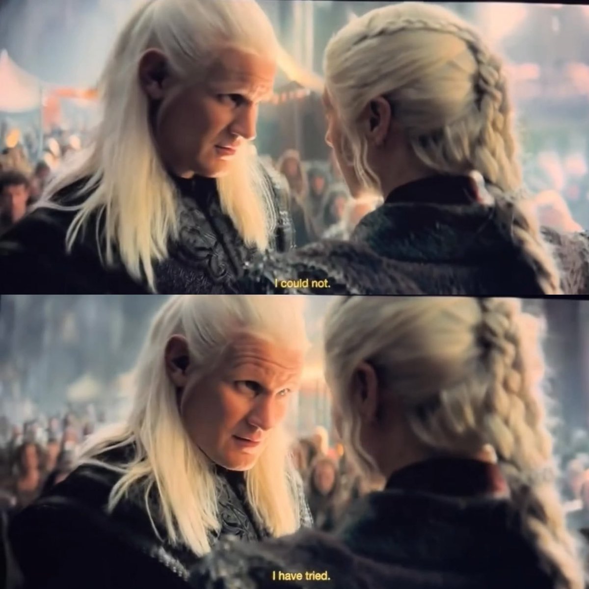 “Déjame otra vez bajo tu propio riesgo.”
“No podría, ya lo intenté.”

Rhaenyra y Daemon juntos de nuevo, nuestra pareja real, nuestra reina y rey consorte yo manifesté esto.