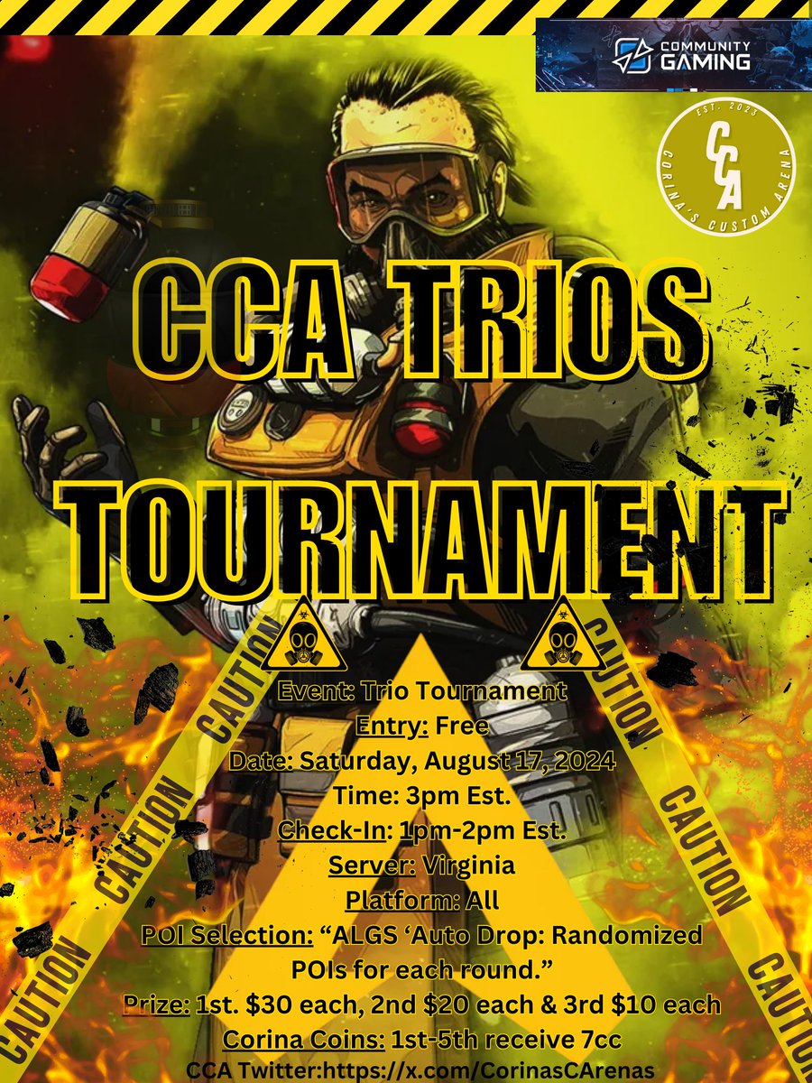 🔥CCA TRIO TOURNAMENT🔥 

Hey CCA family! Get ready for our exciting CCA TRIO TOURNAMENT. Who will take the championship🏆 this time around....Good luck to all participants! If your interested in participating for this event, please  sign up here on the CG website: