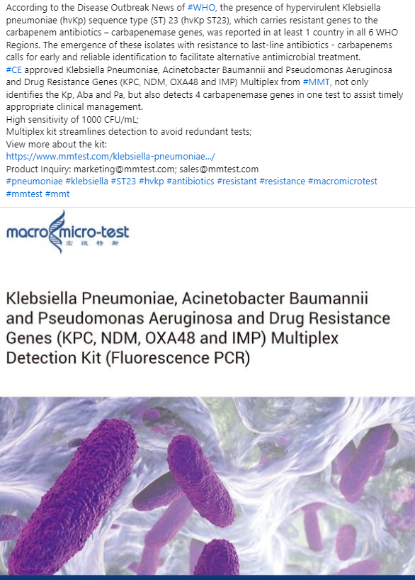 MacroMicroTest's tweet image. #CE approved Klebsiella Pneumoniae, Acinetobacter Baumannii and Pseudomonas Aeruginosa and Drug Resistance Genes (KPC, NDM, OXA48 and IMP) Multiplex from #MMT