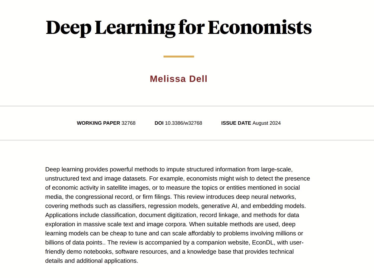 Hi #EconTwitter!📈

Curious about #deeplearning for unstructured data, and its applications to #economics? 

Check out this brand new introduction by <a href="/MelissaLDell/">Melissa Dell</a> (@harvard). A great read for economists interested in using  deep learning in their research.📚

Bonus: accompanying
