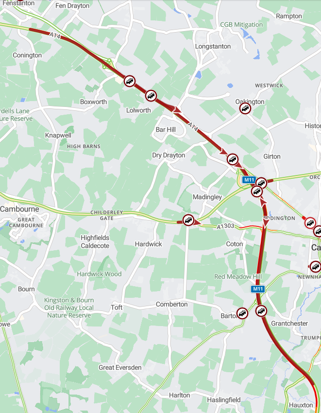 Cambs_Traffic's tweet photo. ⚠️#A14 #J23 #Godmanchester eastbound -#M11 #J13 #A1303 #Madingley southbound HEAVY DELAYS due to Lane 2 closure for emergency works by @HighwaysEAST of around 9 miles.
Please allow extra time for your journey.
More information: https://t.co/PdjTdjeNgi https://t.co/eGcqOs75cC