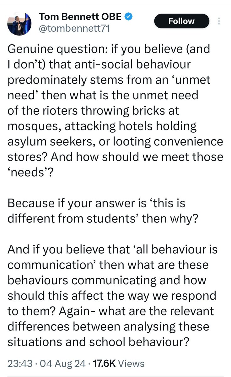Nothing to see here, just the Conservatives' behaviour tsar Tom Bennett tweeting himself into irrelevance, by equating struggling SEND schoolkids to rac!st thugs attacking minorities &amp; burning down buildings.
