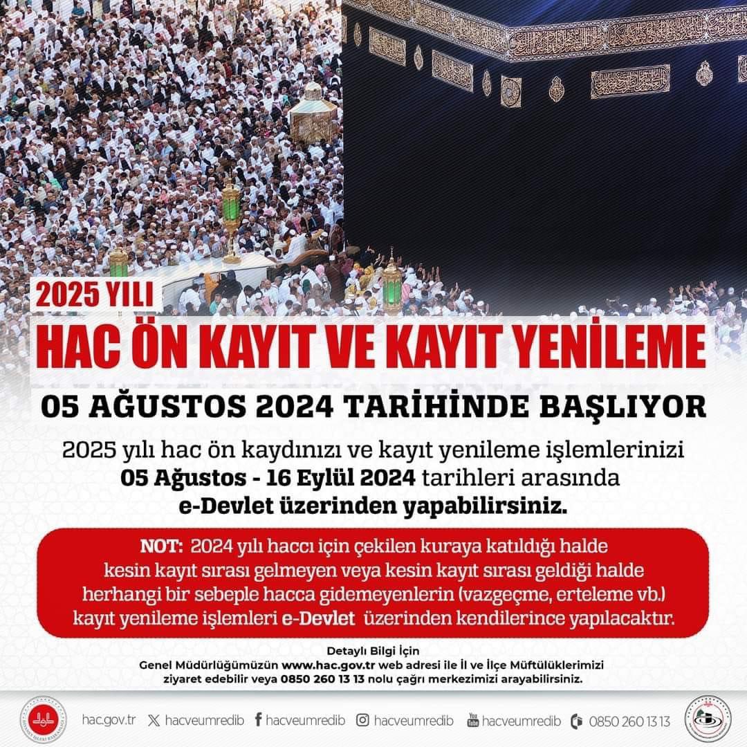 "2025 yılı hac ön kayıt ve kayıt yenileme işlemleri başlıyor."