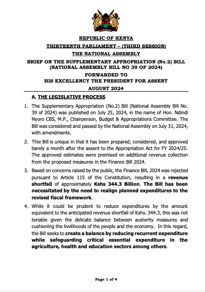 AmbokoJH's tweet photo. UPDATE: Supplementary Budget I 2024/25

President William Ruto has this morning signed Supplementary Appropriation Bill No.2 2024/25 (i.e, Supplementary Budget I 2024/25) into law. 

Here's how the final numbers look like:

· Spending reduced by Kes 145.7 billion of which Kes 139.8 billion is attributable to the Executive, Kes Kes 3.7 billion is attributable to Parliament & Kes 2.1 billion is attributable to the Judiciary

· Still on the reduction, Kes 105.0 billion is development, Kes 40.0 billion is recurrent

· Key carryovers from 2023/24 are Constituency Development Fund to the tune of Kes 13.5 billion & Pension liabilities to the tune of Kes 23.8 billion

· State House says the Kes 18.7 billion for the confirmation of all Junior Secondary School interns into permanent and pensionable terms has bene retained

· Equally retained is the Kes 3.7 billion for the medical internship program