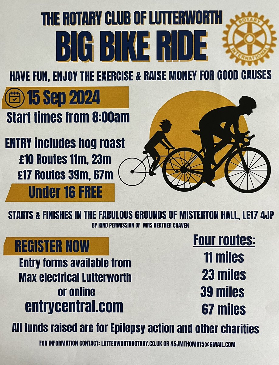 RCLutterworth's tweet image. The Rotary Club of Lutterworth are holding this year’s Big Bike Ride on Sunday 15th September 2024, will you be joining us?