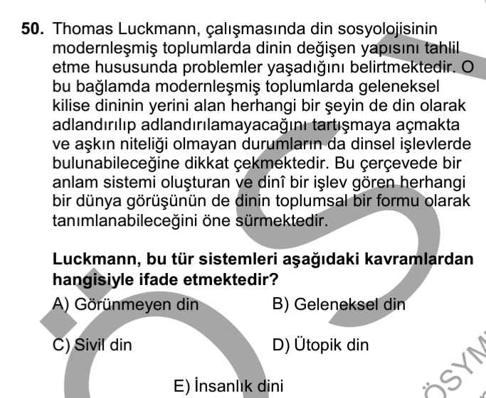 bilgin_ve's tweet photo. Dün yapılan ÖABT sınavında din sosyolojisi alanında çıkan bu soruyu -alan uzmanları için çok basit görünse de- lisans mezunları için ağır buldum. https://t.co/p9AhPqVQ5T