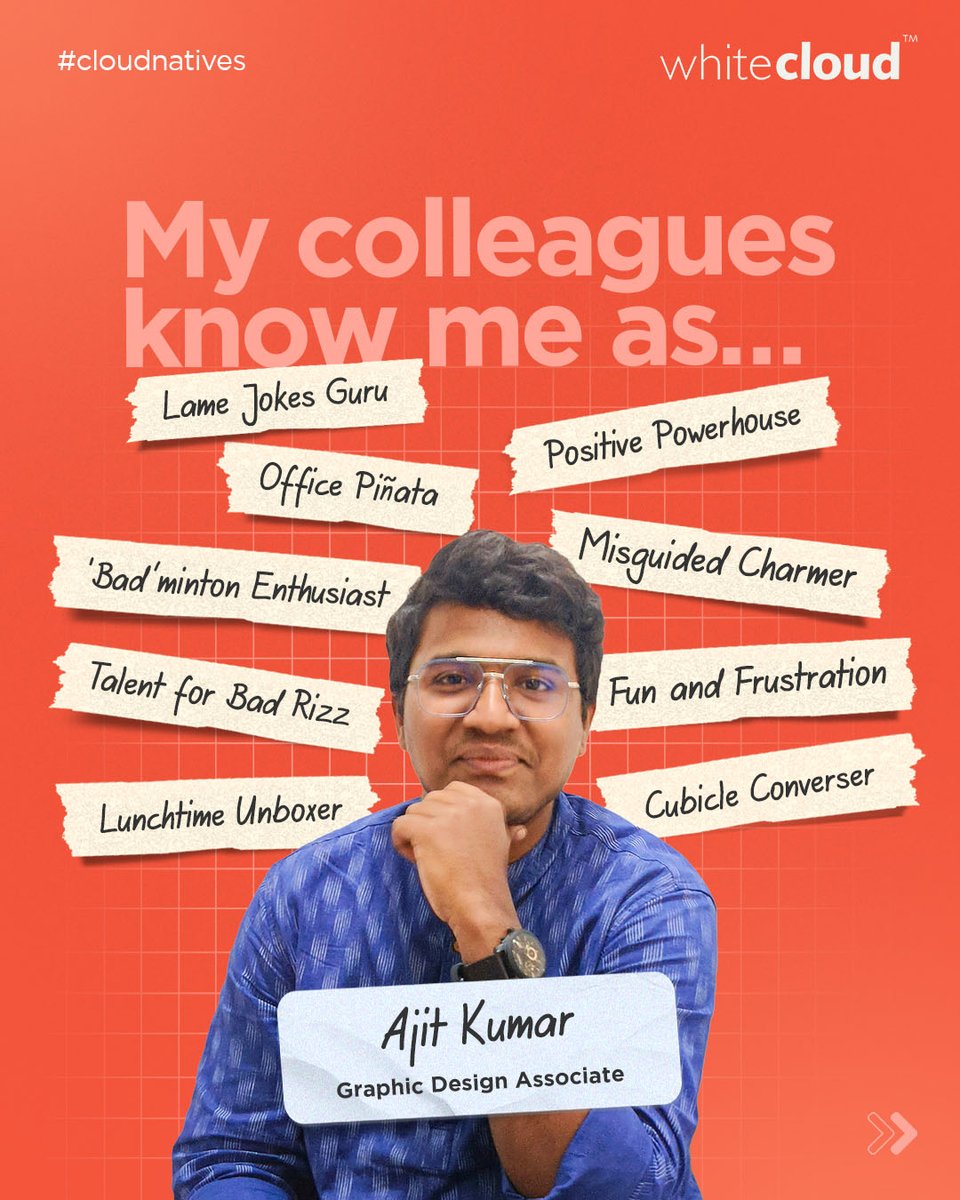 WhiteCloudBrand's tweet photo. Say hello to Ajit Kumar, our talented Graphic Designer and chief mischief-maker. 

Not only does he create stunning visual designs, but he also spreads smiles and good vibes throughout the team. 

#WCB #WhiteCloudBrands #CloudNative #CloudNatives https://t.co/6Qn17HaMhZ