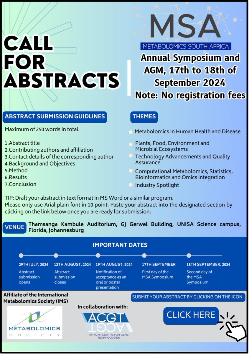 Metabolomics South Africa will be hosting a symposium on the 17th and the 18th of September 2024. Are you a researcher in the metabolomics field? Submit your abstract here: docs.google.com/forms/d/e/1FAI…
#metabolomics #academicconferences 
<a href="/go2uj/">University of Johannesburg</a> @EMN_MSA <a href="/FT_ResearchUJ/">The Tugizimana Lab</a> <a href="/Imbewu_MG/">Imbewu Metabolomics Group</a>