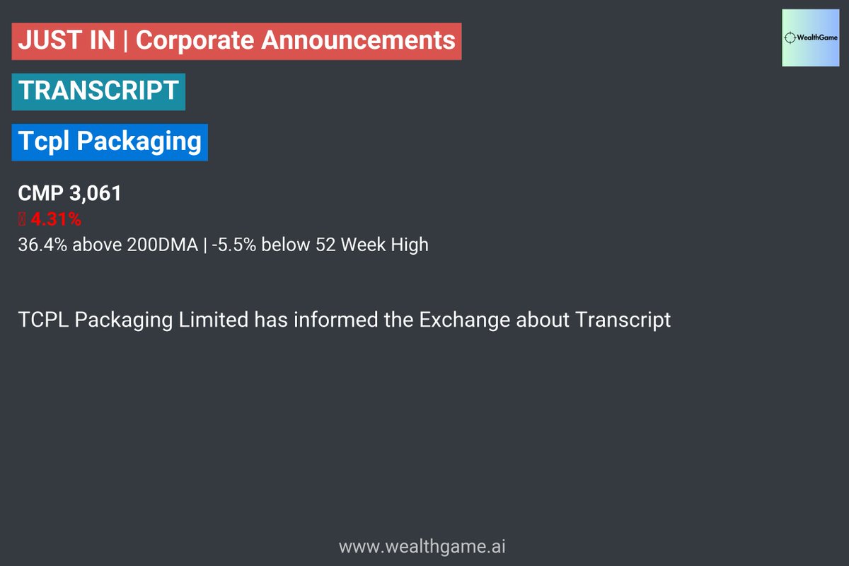VPickr's tweet image. #TCPLPACK #TRANSCRIPT | Tcpl Packaging #stockmarketindia
Announcement Link:: nsearchives.nseindia.com/corporate/TCPL…

For live corporate announcements, visit :  wealthgame.ai