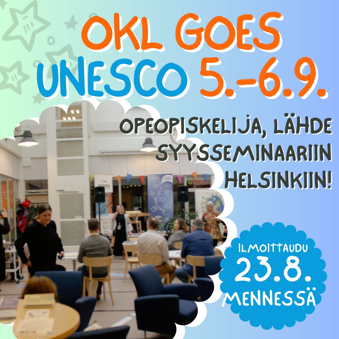Jyväskylän yliopiston opettajankoulutuslaitos (@jyu_okl) on Twitter photo OKL on UNESCO-koulu! Haluatko mukaan Suomen #UNESCO-koulujen syysseminaariin pohtimaan opettajien kesken, mikä on sivistyksen rooli koulujärjestelmässämme? Aineen- tai luokanopettajaksi opiskeleva, ilmoittaudu A-L Kähköselle (anna-leena.m.kahkonen@jyu.fi) viim. 23.8. OKL on UNESCO-koulu! Haluatko mukaan Suomen #UNESCO-koulujen syysseminaariin pohtimaan opettajien kesken, mikä on sivistyksen rooli koulujärjestelmässämme? Aineen- tai luokanopettajaksi opiskeleva, ilmoittaudu A-L Kähköselle (anna-leena.m.kahkonen@jyu.fi) viim. 23.8.