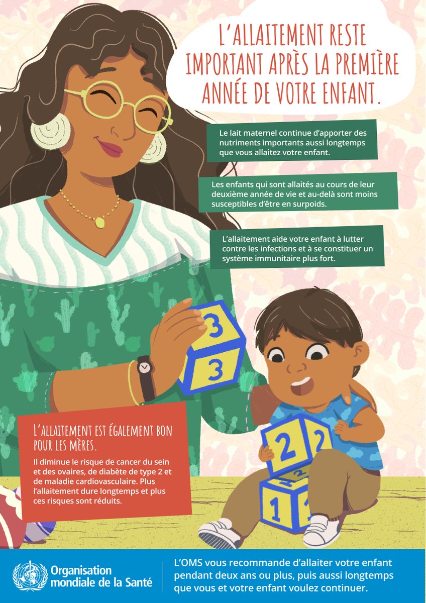 L'allaitement maternel est recommandé au moins jusqu'à ce que l'enfant atteigne l'âge de 2 ans. Il continue à :
✅apporter des nutriments importants à l'enfant
✅renforcer son système immunitaire &amp; le protéger contre l'obésité.

Les mères doivent avoir accès à un soutien à