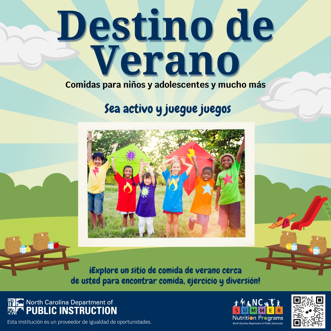 ¡Sea activo y juegue juegos! ¡Explora un sitio de comida de verano cerca de usted para encontrar comida, ejercicio y diversión! Use el mapa del buscador de sitios de Carolina del Norte, summermeals4nckids.org, o envíe COMIDA al 304-304.