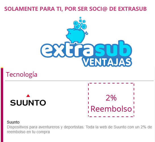 ExtraSub_es's tweet photo. Solamente para ti por ser soci@ de @ExtraSub_es tienes un reembolso del 2% en todos los productos de la web de @Suuntoesp https://t.co/dahCtR52bK