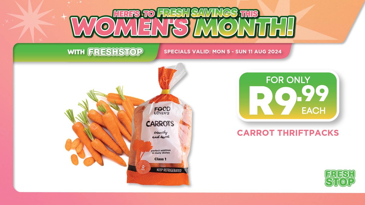 FreshstopSA's tweet image. Here's to FRESH savings this women's month!💝
From bananas to carrots and potatoes, we’ve got unbeatable prices! 💐🥳Shop smart, save big!

📷Deals are valid from 5-11 August 2024. T&amp;amp;Cs Apply.
Click here to see more deals📷freshstop.co.za/specials/
#FreshStop