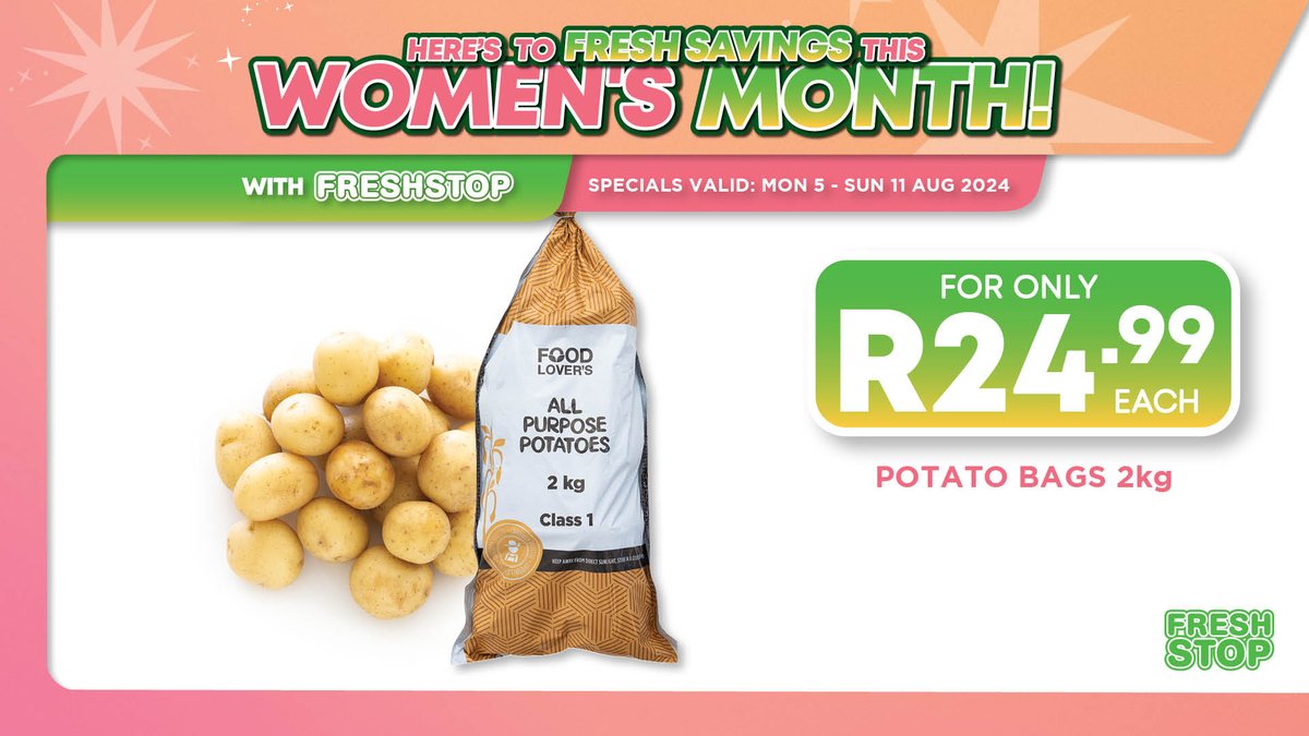 Here's to FRESH savings this women's month!💝
From bananas to carrots and potatoes, we’ve got unbeatable prices! 💐🥳Shop smart, save big!

📷Deals are valid from 5-11 August 2024. T&amp;Cs Apply.
Click here to see more deals📷freshstop.co.za/specials/
#FreshStop