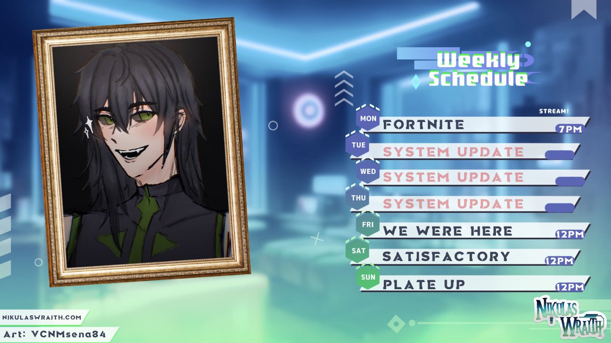 NikulasWraith's tweet photo. This weeks schedule for August 5 - 11 all times CST.
7PM ๐ฅ๏ธ Monday - Fortnite
12PM๐ฅ๏ธ Friday - We Were Here
12PM๐ฅ๏ธ Saturday - Satisfactory
12PM๐ฅ๏ธ Sunday - Plate Up
See you then Spirits! ๐
#Vtuber #VirtualPhantom
Art: @VCNMsena84 https://t.co/uJk2MTGJGD