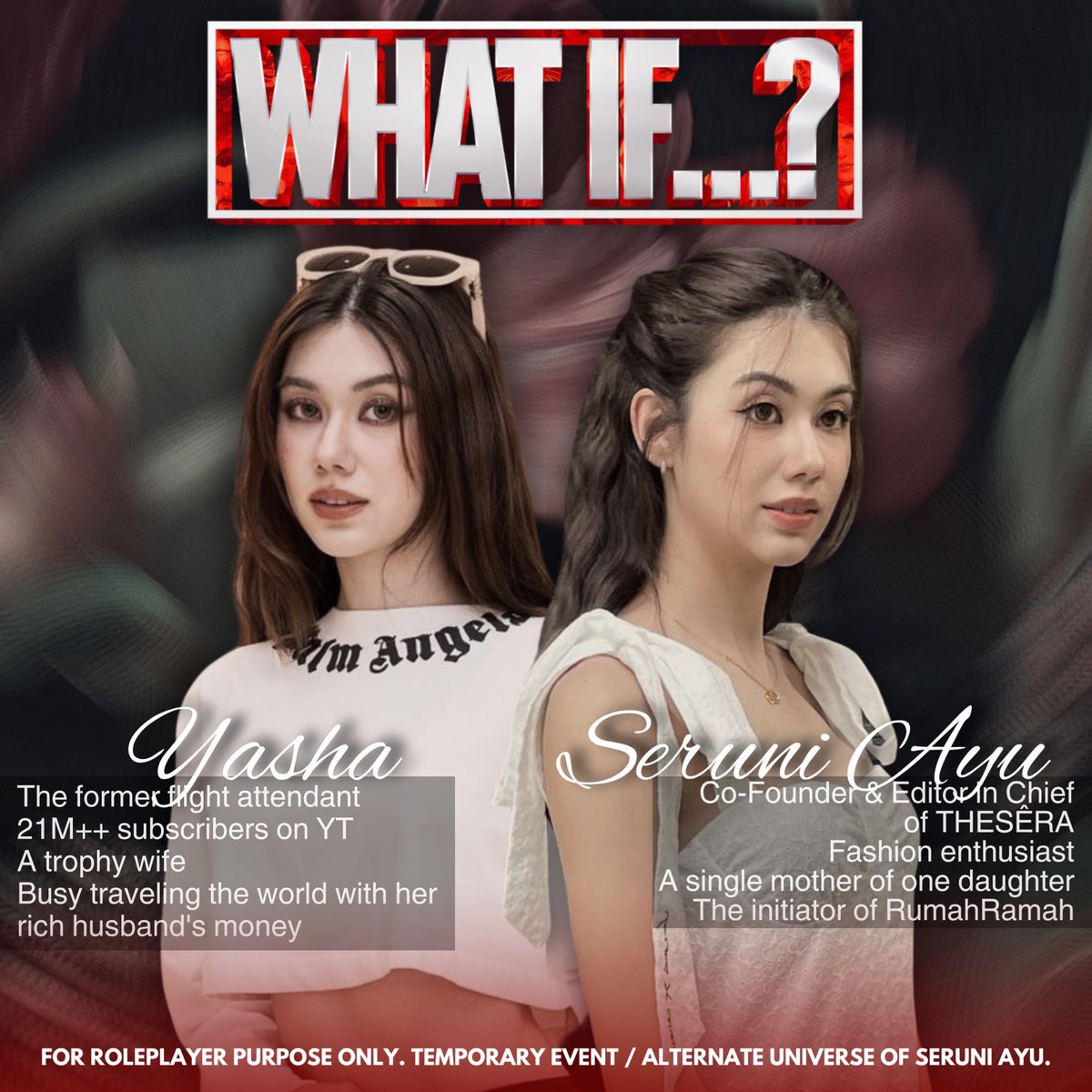 ⠀⠀ 

⠀⠀ ⠀⠀ ⠀⠀ ⠀⠀ ⠀ 𝐖͟𝐇͟𝐀͟𝐓͟ 𝐈͟𝐅͟...?

𝓢eruni 𝓐yu, once an independent woman with
serene soul.    But what if her soul switched to
𝓨asha?   The  adventurous  and   free-spirited
woman  whos living  life  to the fullest  on  her
wealthy husband's dime.

⠀