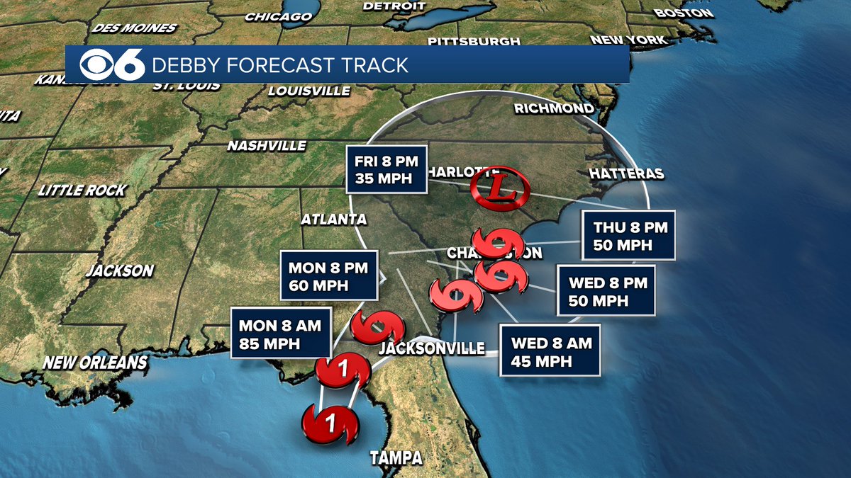 Now Hurricane #Debby has max winds of 75 mph, tracking north &amp; headed for landfall along the Big Bend coast of Florida Monday AM. Torrential rain/flooding expected over the next few days from #FL to coastal #GA &amp; #SC, with heavy rain/flooding a threat in #VA later in the week.