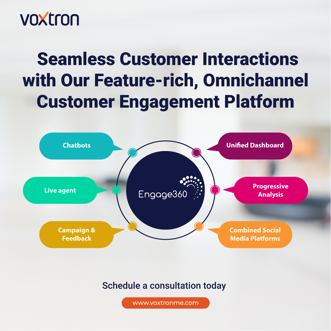 Voxtronsolution's tweet image. Discover Engage360, our all-in-one customer engagement platform. With chatbots, live agents, campaign management, and more, Engage360 ensures exceptional customer service. 
Schedule a consultation today. voxtronme.com​

#customerengagement #customerexperience #Voxtron