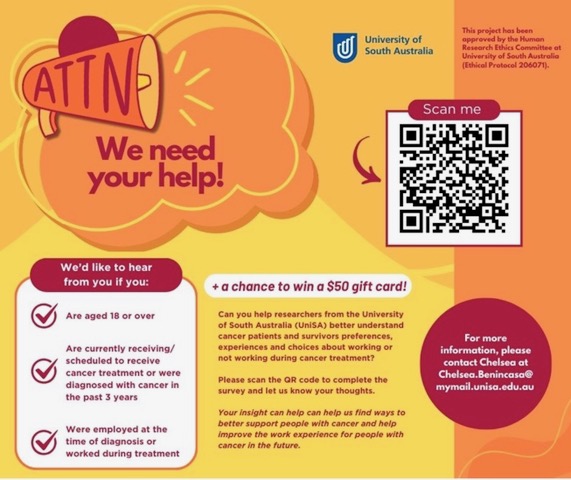 CVSAinfo's tweet image. More people are working during cancer treatment than ever before. Researchers from the University of South Australia want to know about the preferences, experiences and choices people make about working or not working during treatment.
doit.az1.qualtrics.com/jfe/form/SV_5o…