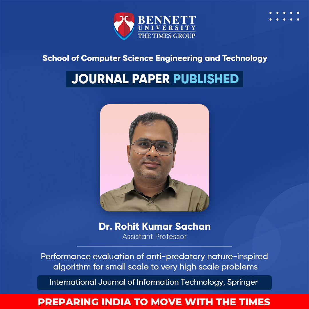 SCSETBennett's tweet photo. Congratulations to Dr. Rohit Kumar Sachan (Assistant Professor #scsetbennett) for acceptance of the #research paper for #publication in the International Journal of Information Technology, Springer.
#bennettuniversity #FacultyatBU #apnia #optimization #ConvergenceAnalysis https://t.co/R3Q5DOgKqJ