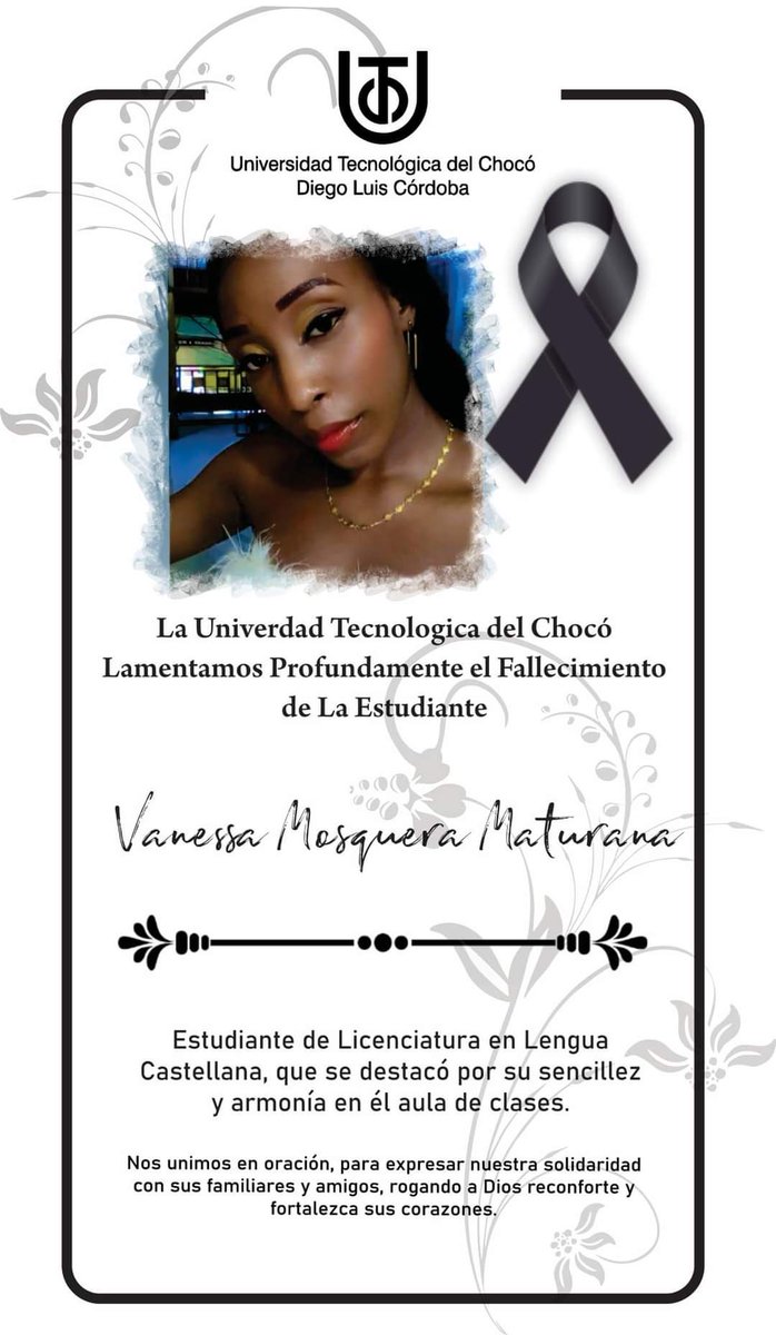 🕊️🕯️<a href="/vanesanchez_r/">Vanessa Sánchez Ruiz</a> <a href="/EmisoraUtch/">Radio Universidad del Chocó 97.3 fm</a> <a href="/CanalUTCHTV/">Canal Utch TV</a> Enviamos un abrazo de solidaridad a los familiares, amigos y compañeros de nuestra estudiante Vanessa Mosquera Maturana QEPD, fallecida en accidente de tránsito en la ciudad de Pereira. Dios la tenga en su santo reino.