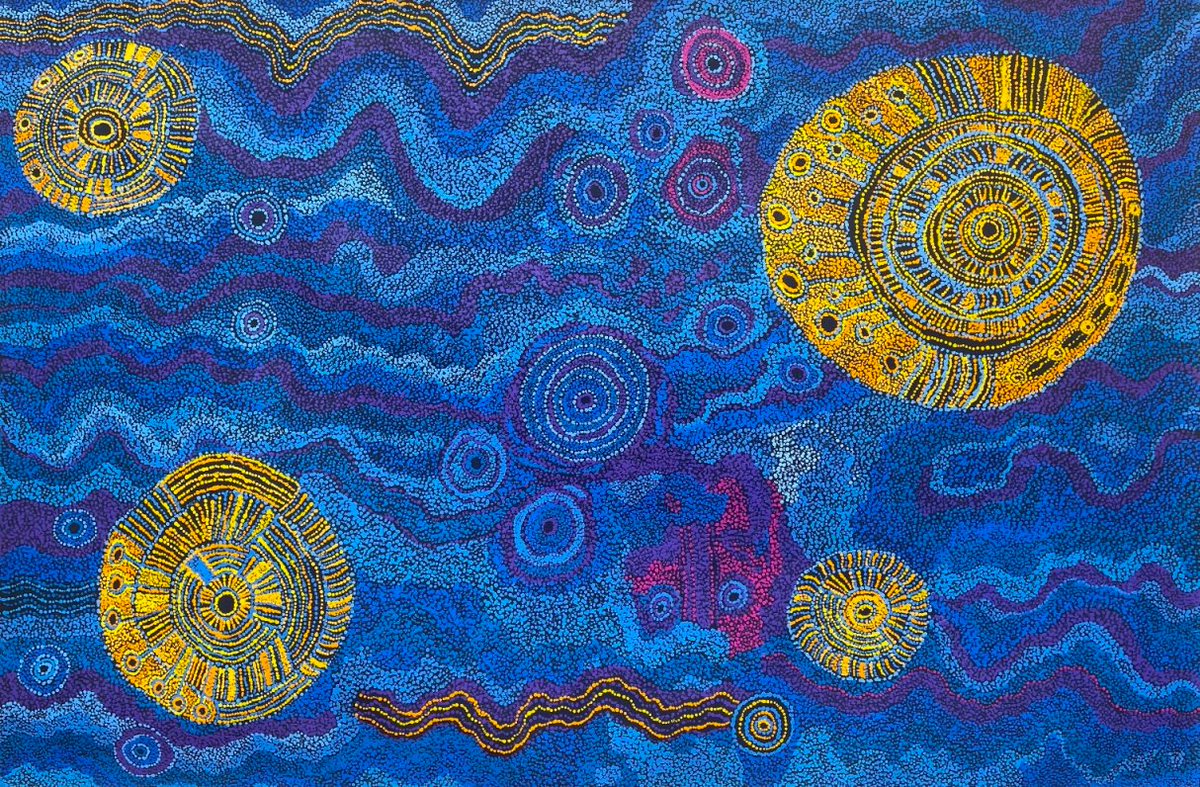 Seven Sisters story, 182 x122 cm, Jap 022797 by Tjungkara Ken – the songline for this Women’s Creation story crosses many Aboriginal language groups on its journey across Australia  japingkaaboriginalart.com/collections/ne… #contemporaryart #aboriginalart #indigenous