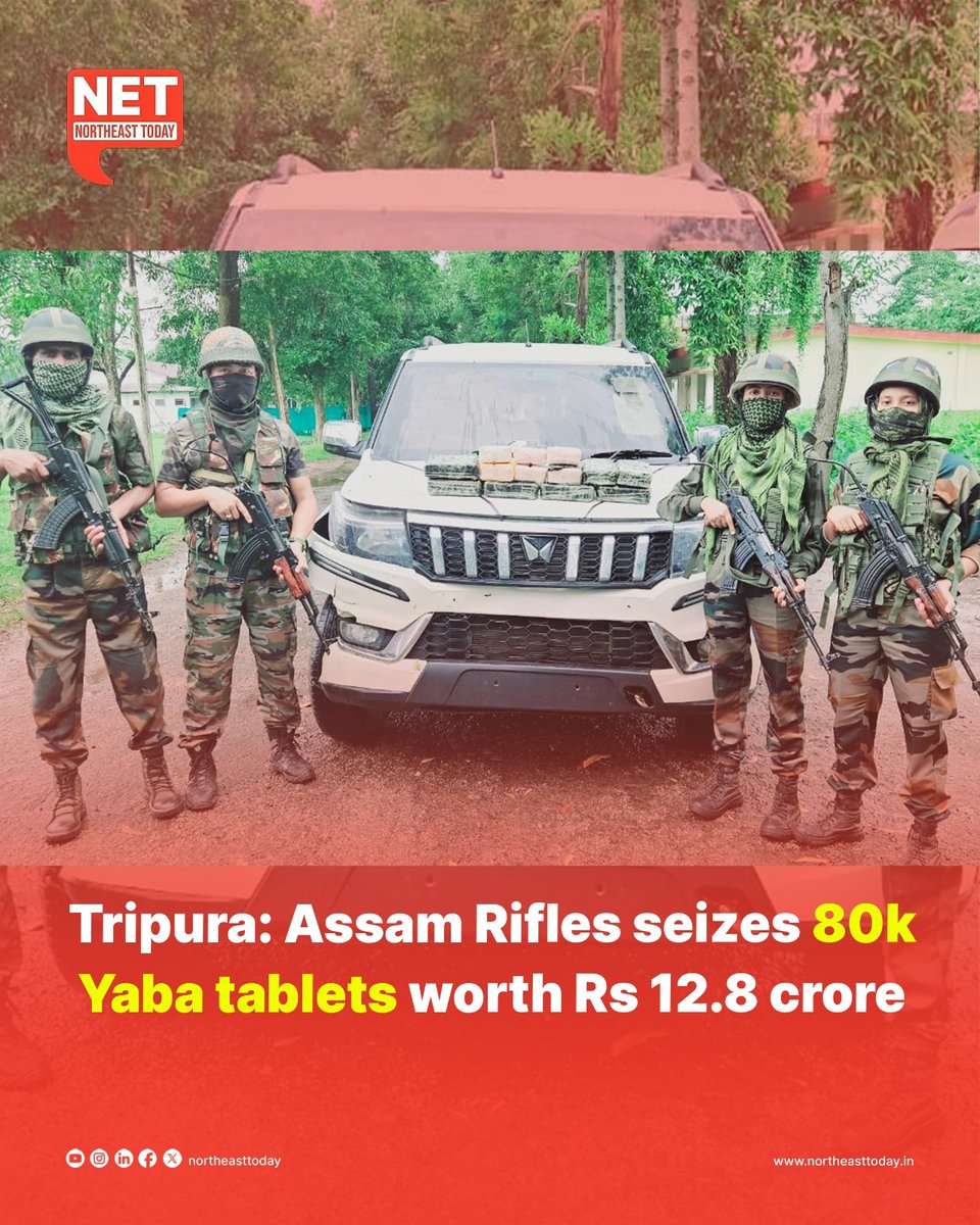 RanaNep's tweet image. #NETSnippet | Assam Rifles in a successful Joint Operation with the Customs Department seized 80,000 Yaba tablets worth Rs 12.8 crore in Hezamara in Khowai district on Tuesday. The joint operation also resulted in seizure of one Bolero.