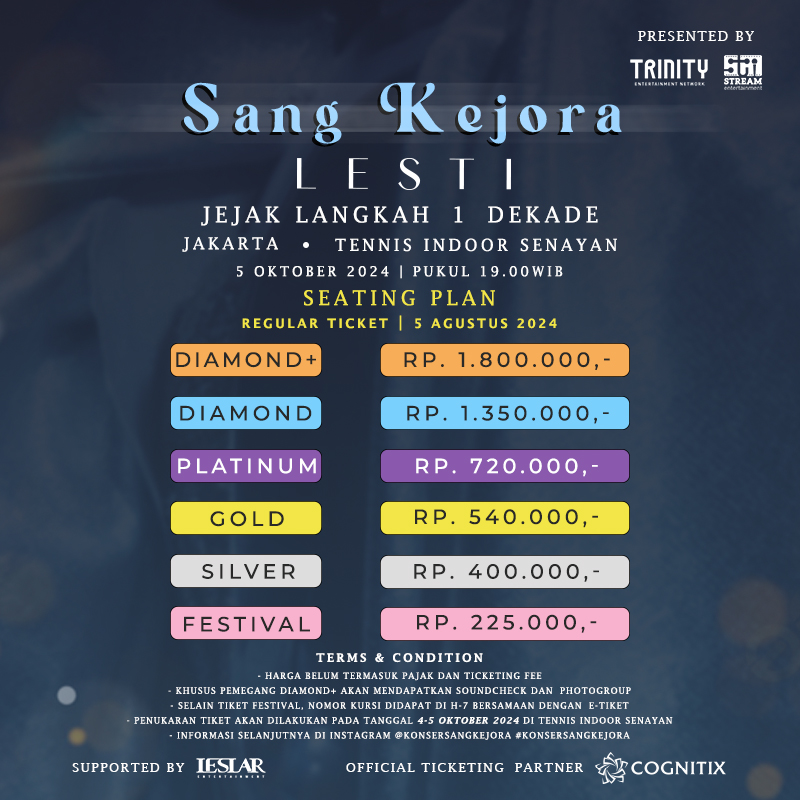 Konser Sang Kejora <a href="/Lesti_Jenong_DA/">Lestykejora</a> 
Sabtu, 5 Oktober 2024
Dapatkan tiketnya di: lestikejora.cognitix.id

#KonserSangKejora #KonserLesti