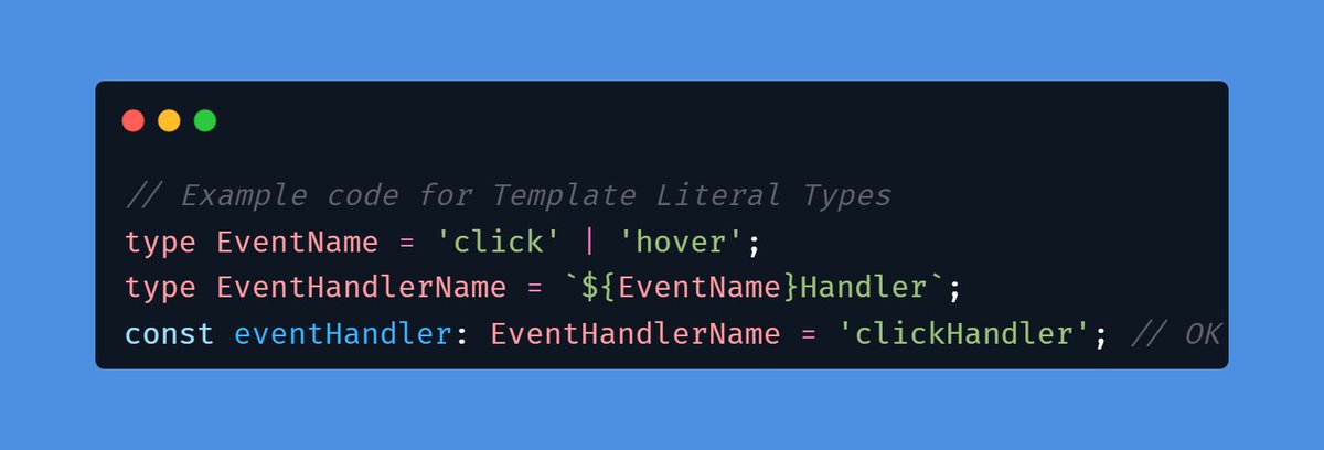 rama_vats's tweet image. 💬 Template Literal Types allow you to create new string types by combining string literals. 

📝 Use them to make your code more expressive and readable! 

#TypeScript #TemplateLiteralTypes #CodeTips