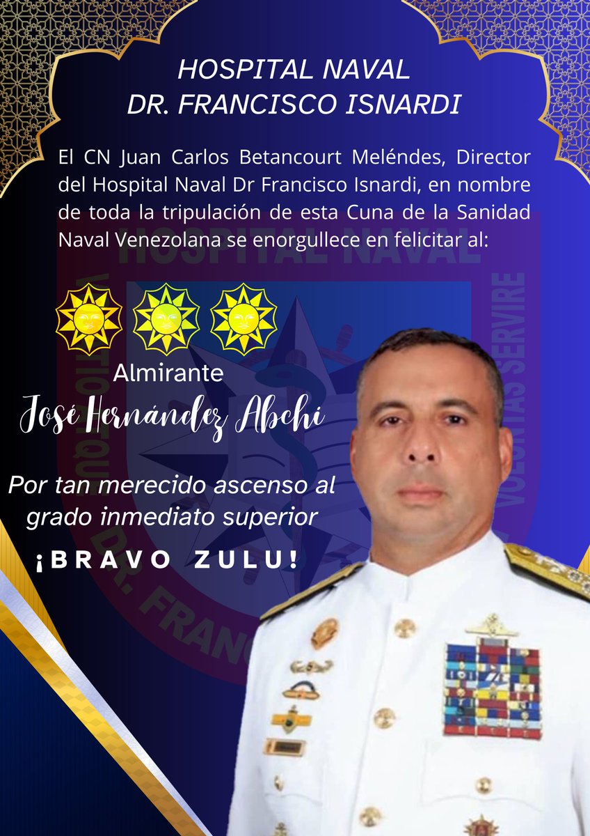 El CN Juan Carlos Betancourt Meléndes, Director del @hospimipcabello en nombre de toda la tripulación felicitan al 
ALM José Hernández Abchi por haber ascendido al grado inmediato superior. 

@escuadrave
@joserafaelhernandezabchi

¡BRAVO ZULU!