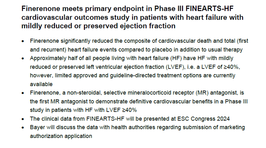 Muthu Vaduganathan (@mvaduganathan) on Twitter photo *Breaking* P3 #FINEARTSHF meets its primary endpoint (CVd+total HF events)!
Non-steroidal MRA finerenone "demonstrates definitive CV benefits" in HFmrEF & HFpEF
Looking forward to presenting full results at #ESCCongress alongside <a href="/scottdsolomon/">scottdavidsolomon</a> @PSJhund
bayer.com/media/en-us/fi… *Breaking* P3 #FINEARTSHF meets its primary endpoint (CVd+total HF events)!
Non-steroidal MRA finerenone "demonstrates definitive CV benefits" in HFmrEF & HFpEF
Looking forward to presenting full results at #ESCCongress alongside <a href="/scottdsolomon/">scottdavidsolomon</a> @PSJhund
bayer.com/media/en-us/fi…