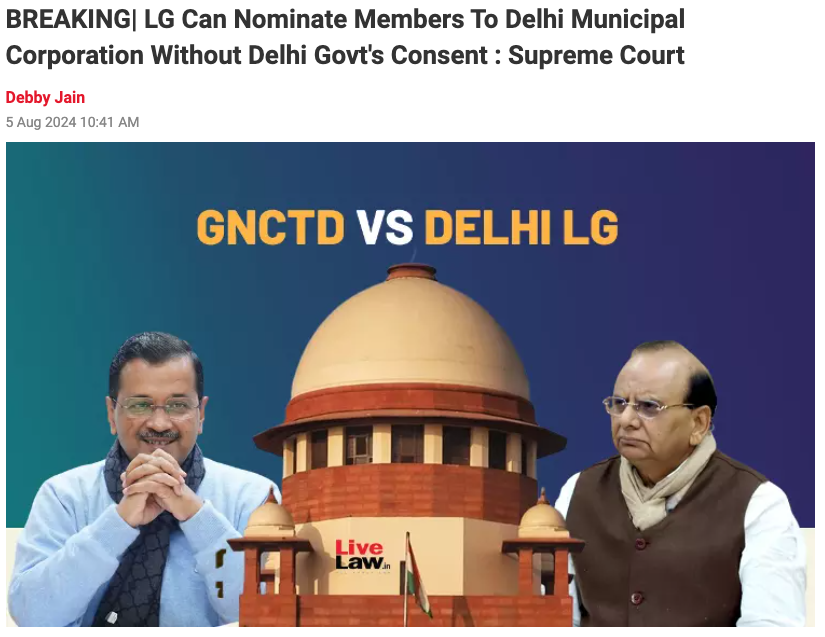 May 2023 - CJI Chandrachud gave an opinion that LG can destabilise the democratically elected MCD if the power to appoint Alderman is given to LG.

Aug 2024 - CJI Chandrachud put his own opinion in dustbin and ordered that LG has all the powers to appoint the alderman.
