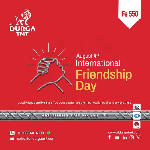 SriDurgaTmt's tweet image. SRI Durga TMT wishes you a happy Friendship Day. Celebrate lifelong friendships, just like our TMT - strong, reliable, and always there for you.📷📷

#friendshipday2024 #goodvibesonly2024 #SSITMT #friendsforeverchallenge
#bestfriendsforever #TogetherForever