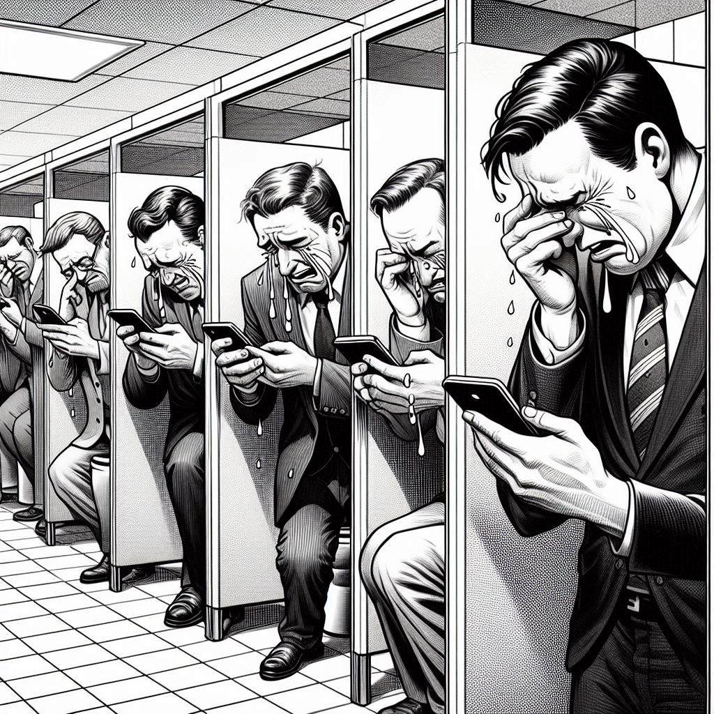 「会社のトイレで株価を確認するサラリーマン」