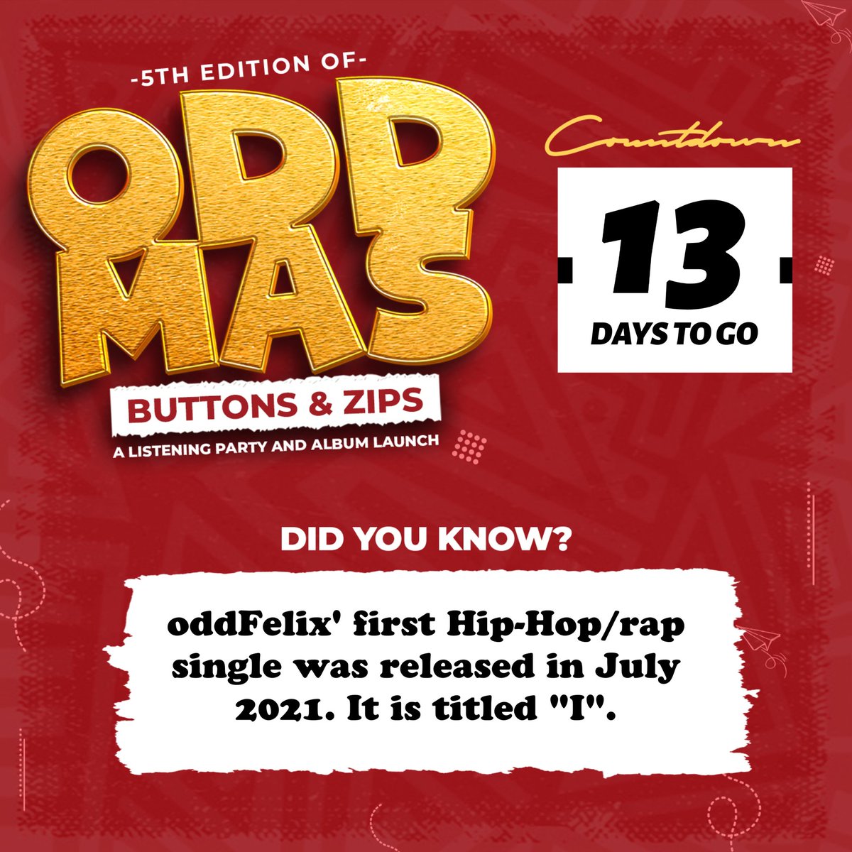 theoddfelix's tweet photo. Do you know that "I" was my first rap single and my proper transition into being a recording rap artist?
Did you listen to it? What's your favourite line from it?
#buttonsandzips #oddmas https://t.co/ZsSo7fw5L0