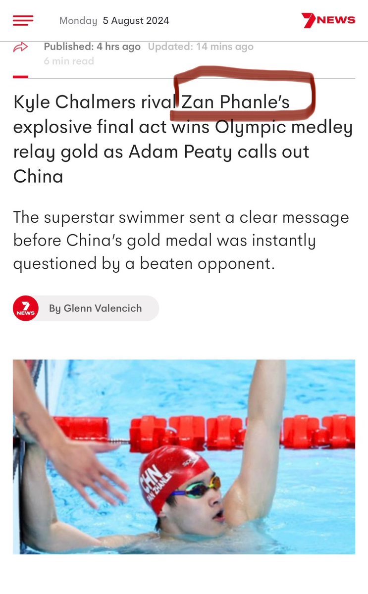 echewy's tweet photo. Let's forget the controversy for now but @7NewsAustralia how ignorant can you be for spelling his name incorrectly in the headline. Its "PAN ZHANLE". The #OlympicGames is all about the spirit of sportsmanship but this "call out" has become one about race and yellow peril. https://t.co/DXZ8iWXiWB