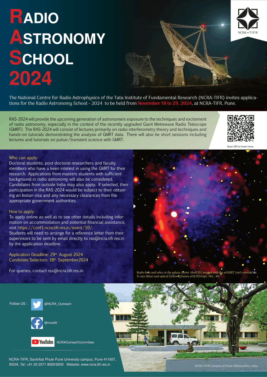 #NCRA invites applications for the Radio Astronomy School (RAS) 2024 to be held from Nov 18-29, 2024.

Apply online before Aug 29, 2024: conf1.ncra.tifr.res.in/event/10/ 

#RAS2024 will include lectures on radio interferometry, pulsar science &amp; hands-on tutorials for #GMRT data analysis.