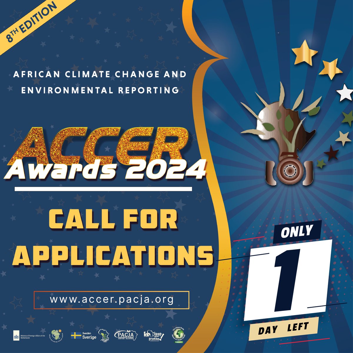 PACJA1's tweet photo. The clock is ticking! Only 1 day left to apply for the 8th edition of the ACCER Awards. Elevating climate finance discourse in Africa by showcasing impactful stories and analyses.#ACCER8 #ReportingwithAccountability #ClimateFinance #COP29
Apply here ➡️https://t.co/TBq32kOcI0 https://t.co/r5N34Fl1Xk