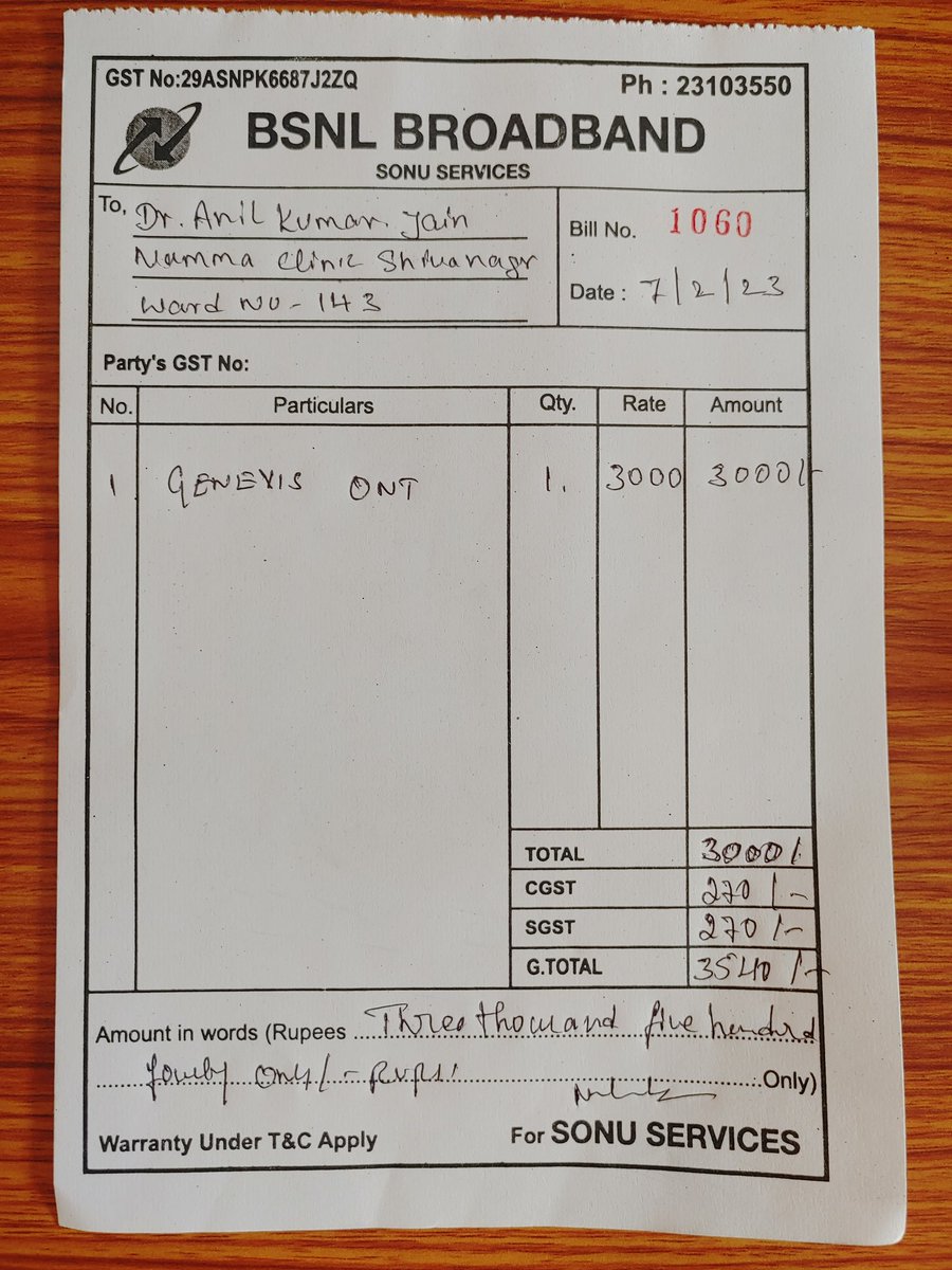 Dr_AnilJ's tweet photo. @BBMPCOMM @Bbmpcares @BBMPAdmn 
I had paid a sum of Rs 3540/- towards BSNL wifi connection 4m my own pocket when d #NammaClinic 's were to be inaugurated.
The CHO of BBMP had assured that the amount would be reimbursed as soon as the funds were released. 
NOT BEEN REIMBURSED YET! https://t.co/vS2xMKeNNW