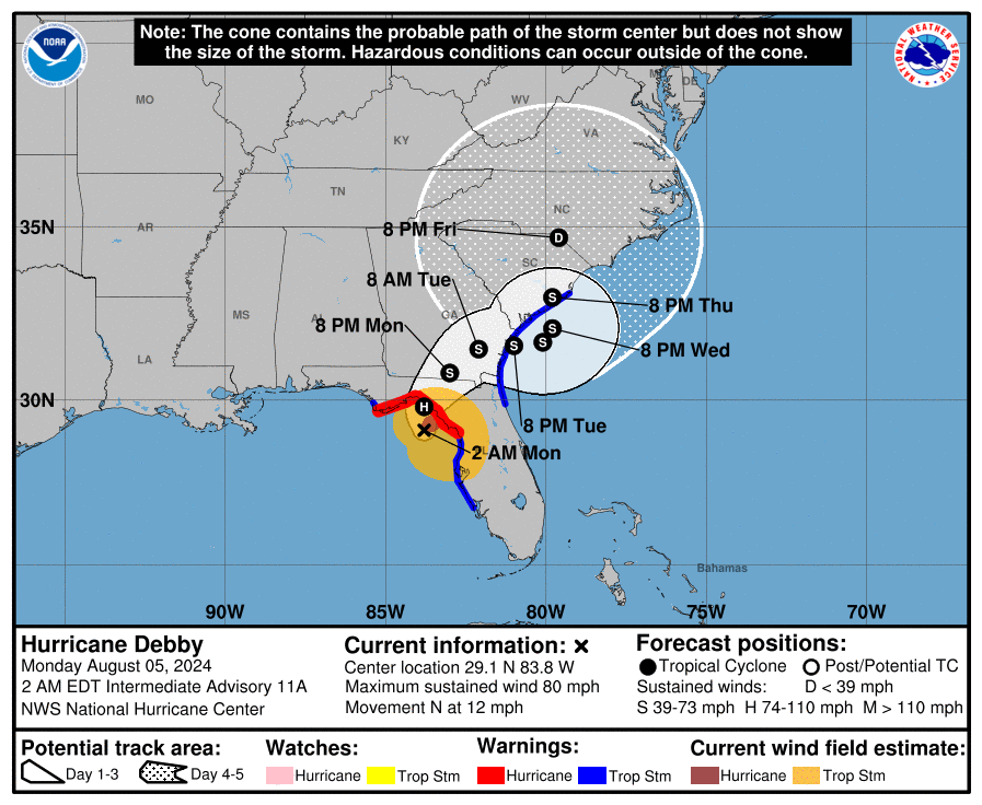LimWeather's tweet photo. 80mph #Hurricane #Debby forecast to peak =>85mph C1 by #Florida landfall
ALL interests there,#Georgia,#SouthCarolina,#NorthCarolina should rush preps to completion
#Wxtwitter #tropicswx #wxx #HurricaneSeason #HurricaneSeason2024 #FLwx #GAwx #SCwx #NCwx #hurricanedebby #BigBend https://t.co/80KAOoxAuf