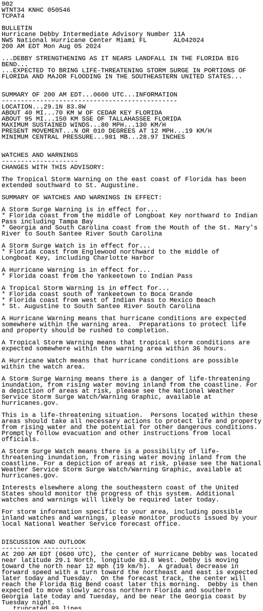 LimWeather's tweet photo. 80mph #Hurricane #Debby forecast to peak =>85mph C1 by #Florida landfall
ALL interests there,#Georgia,#SouthCarolina,#NorthCarolina should rush preps to completion
#Wxtwitter #tropicswx #wxx #HurricaneSeason #HurricaneSeason2024 #FLwx #GAwx #SCwx #NCwx #hurricanedebby #BigBend https://t.co/80KAOoxAuf
