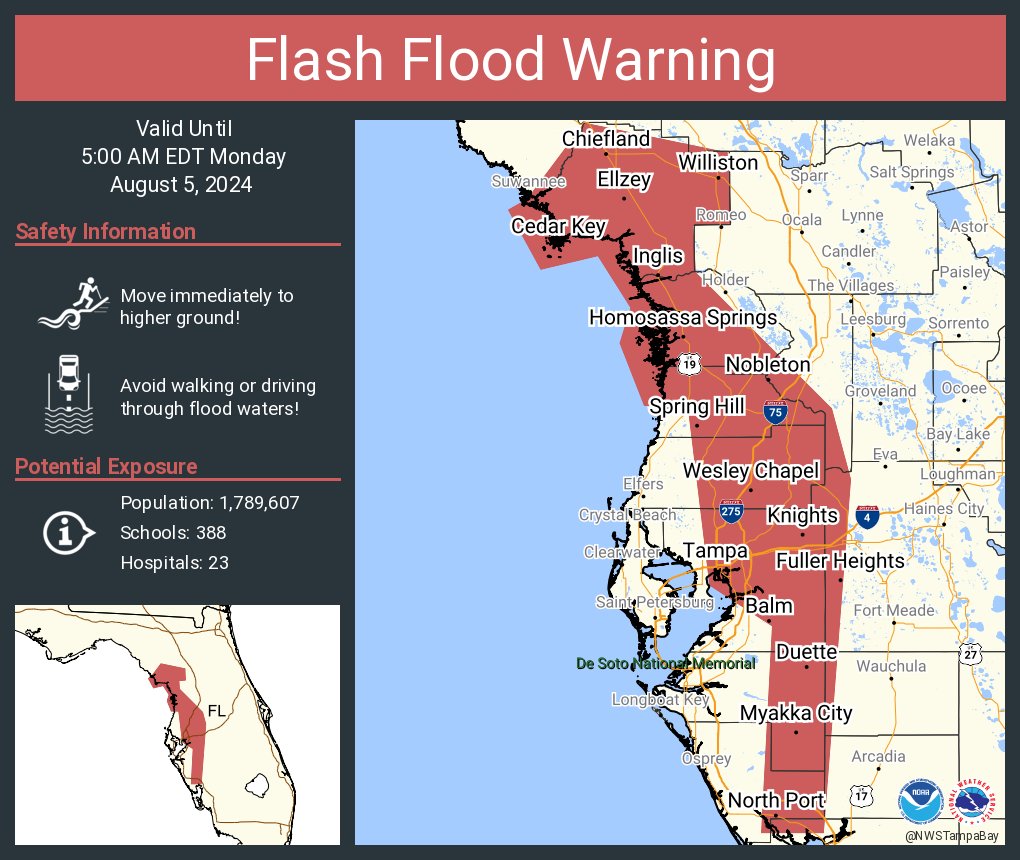 Flash Flood Warning including Tampa FL, Brandon FL and Spring Hill FL until  5:00 AM EDT, image size:1020x860