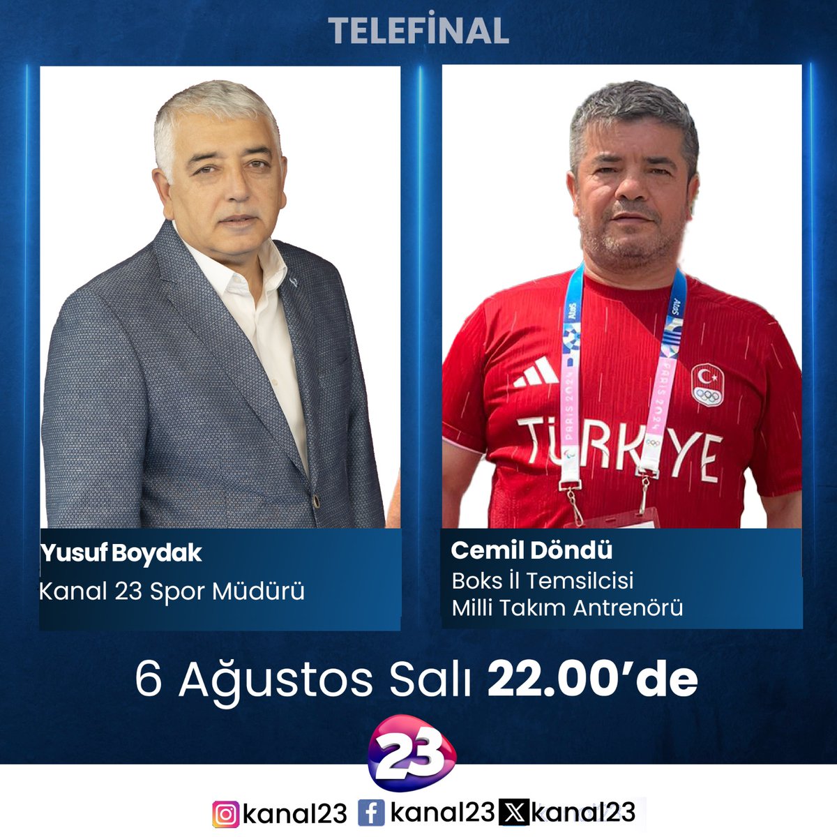 Kanal23HD's tweet photo. Kanal 23 Spor Müdürü Yusuf Boydak’ın sunumuyla 6 Ağustos Salı günü saat 22.00’de yayınlanacak Telefinal’in konuğu “Boks İl Temsilcisi, Milli Takım Antrenörü Cemil Döndü” olacak.
#elazığ #kanal23 #telefinal https://t.co/07NX7ymCAc