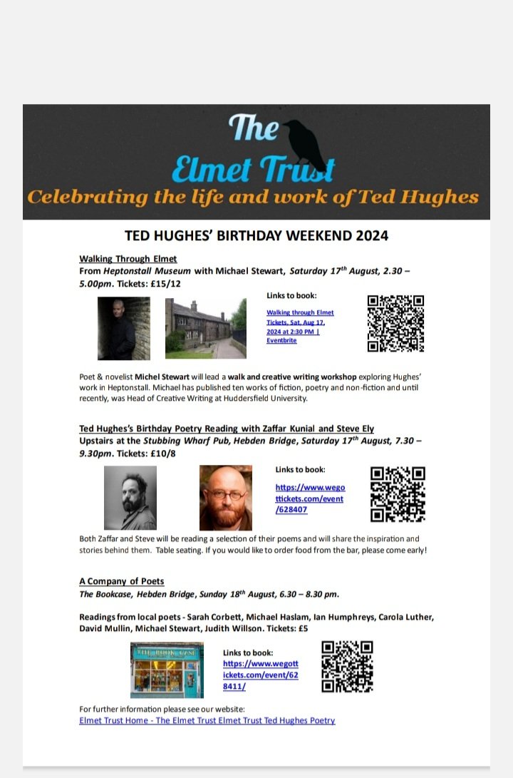 ElmetTrustUK's tweet photo. Flyers for our upcoming Ted Hughes' birthday weekend  events are here!  You can also find all the information you need and booking links here on our website  under the events page. Please come and join us ! 🙂

https://t.co/h3WtpqvPvr https://t.co/joDs1UOgeQ