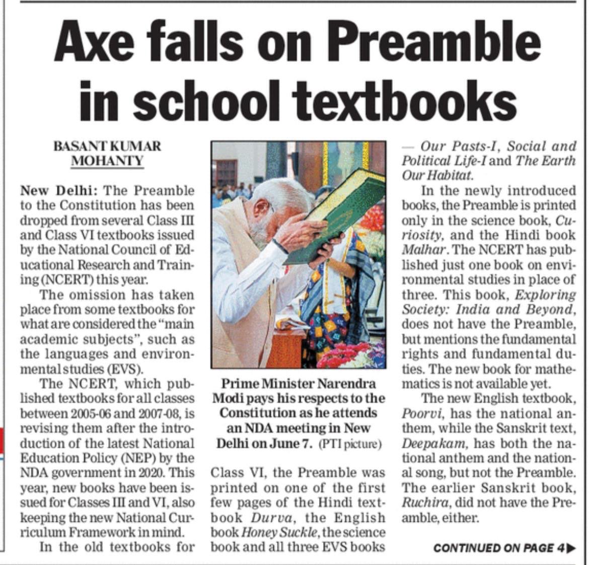 IndiaFolder's tweet photo. ‘The Preamble to the Constitution has been dropped from several Class III and Class VI textbooks issued by the National Council of Educational Research and Training (NCERT) this year.’ https://t.co/rs9Apk9jar