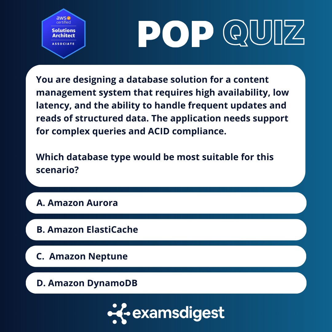 ExamsDigest's tweet image. #AmazonSAA-C03: Today's question comes from AWS Solutions Architect SAA-C03, can you crack it? Let us know how you did in the comment section below! #amazonaws #amazon #amazonwebservices #coder #cloudcomputing #awscertification