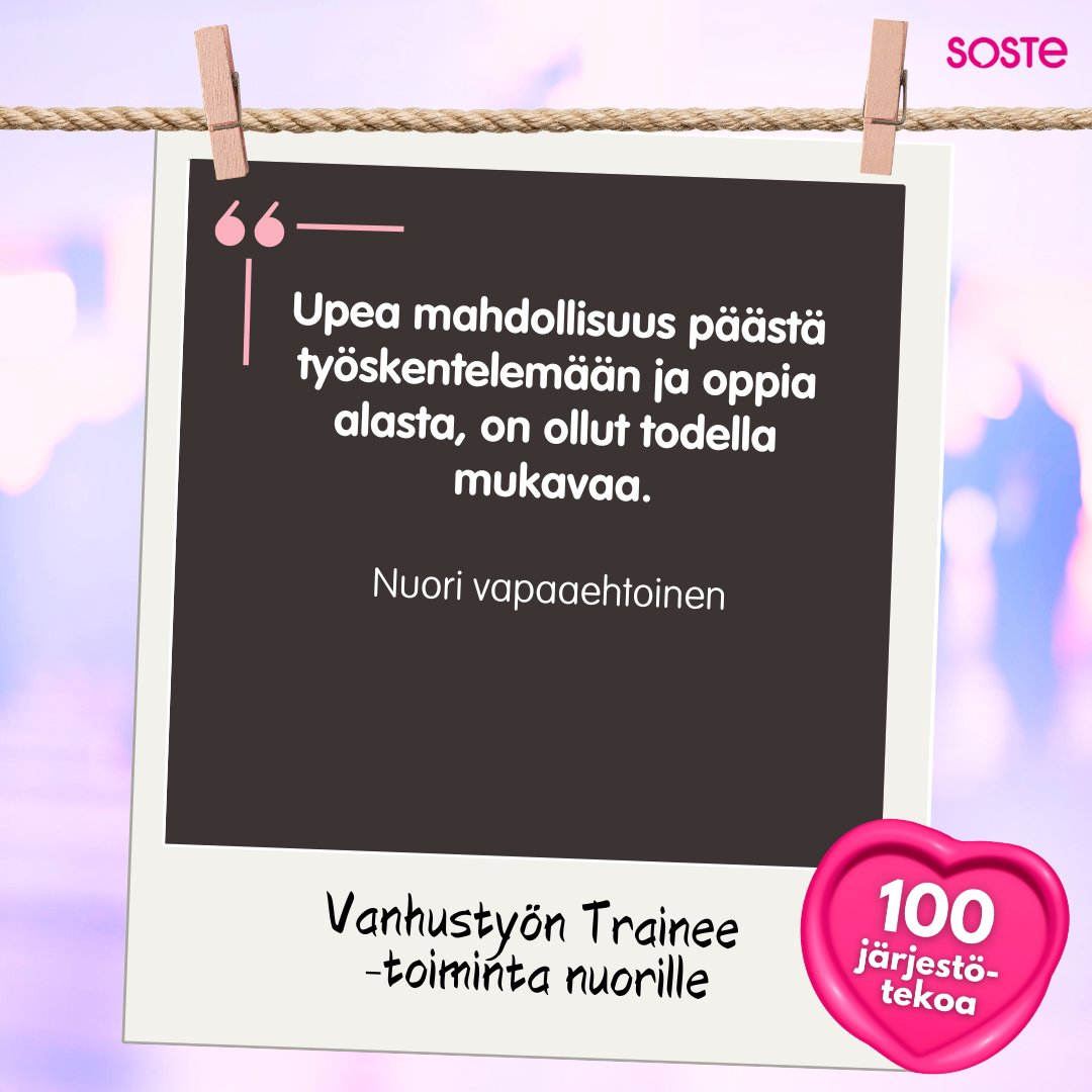VALLI ry:n valtakunnallinen Vanhustyön Trainee -toiminta edistää sukupolvien välistä vuorovaikutusta ja tutustuttaa koulutuksen ja työelämän ulkopuolella olevia nuoria työ-, opiskelu- ja vapaaehtoistyön mahdollisuuksiin ikäihmisten parissa. 🫶

#100järjestötekoa #OnneksiOnJoku